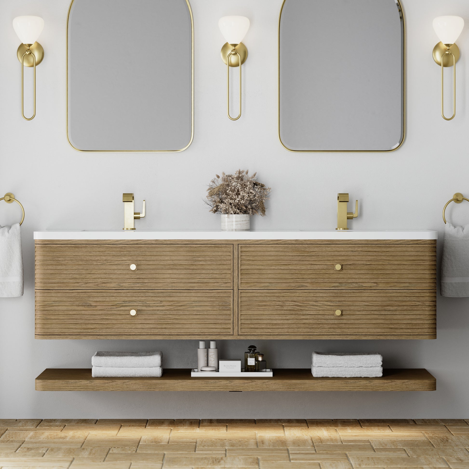 Renovate for Less Atlanta Allamari 72" Double Vanity, Dune Mist w/ Single Hole 3 CM White Zeus Silestone Top