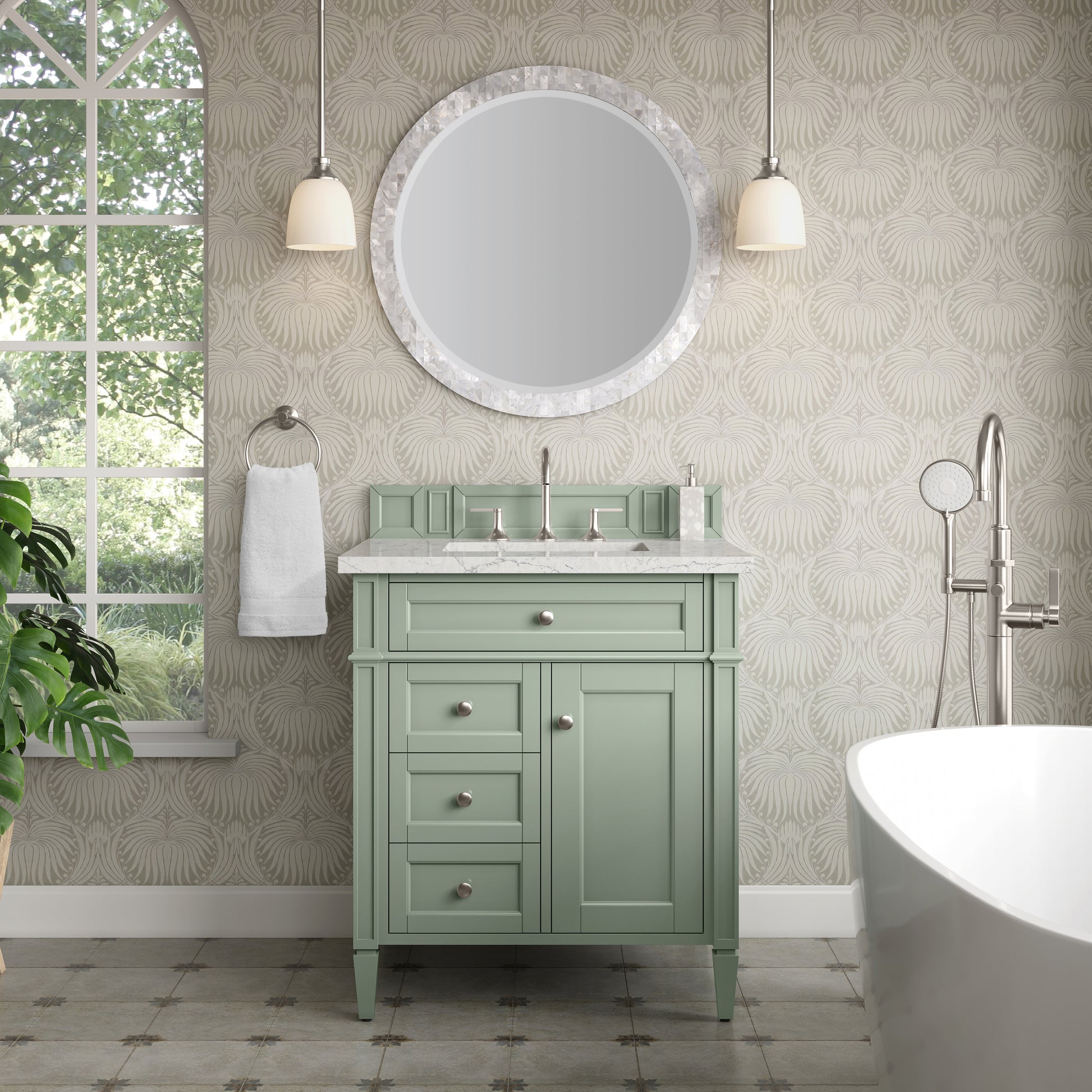Renovate for Less Atlanta Brittany 30" Single Vanity, Sage Green, w/ 3 CM Eternal Jasmine Pearl Silestone Top