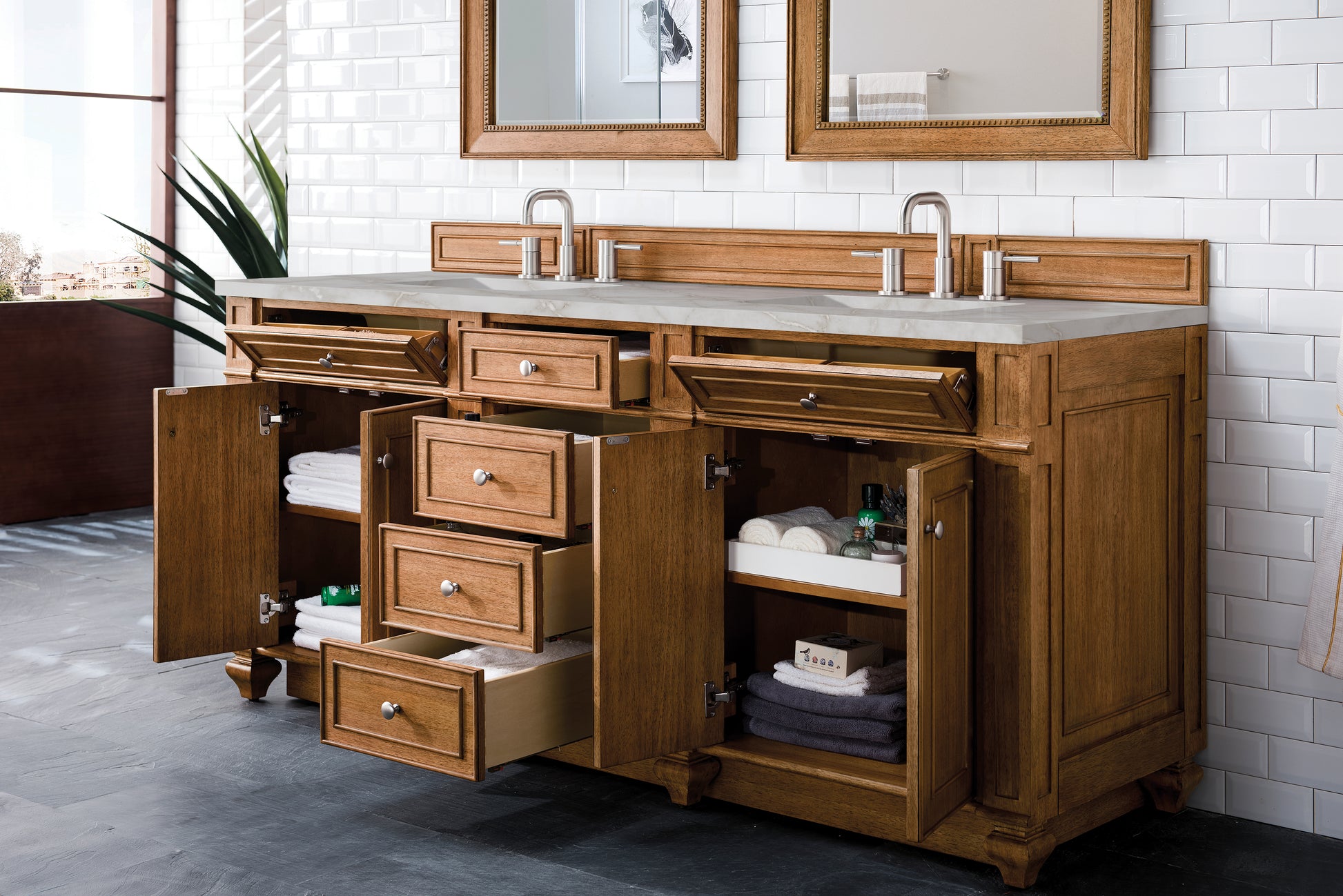 Renovate for Less Atlanta Bristol 72" Double Vanity, Saddle Brown w/ 3 CM Victorian Silver Silestone Top w/FreePower Wireless Charger