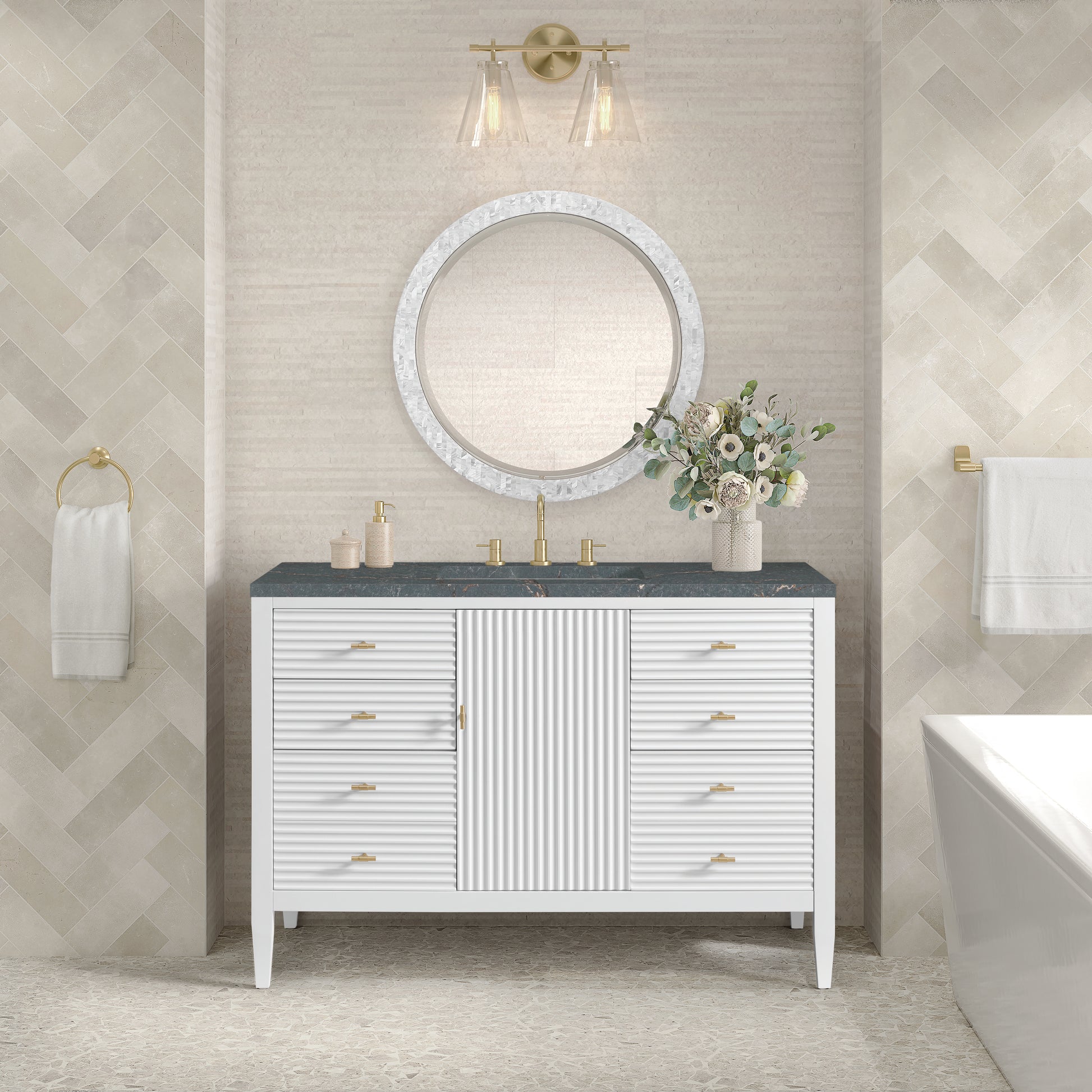 Renovate for Less Atlanta Myrrin 48" Single Vanity, Bright White w/ 3 CM Parisien Bleu Silestone Top w/FreePower Wireless Charger