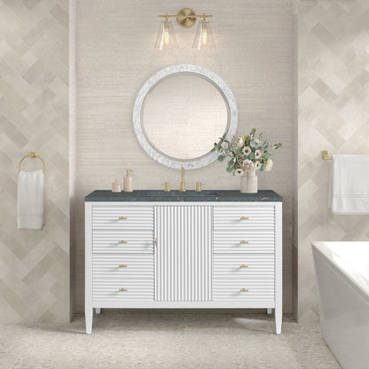 Renovate for Less Atlanta Myrrin 48" Single Vanity, Bright White w/ 3 CM Parisien Bleu Silestone Top w/FreePower Wireless Charger
