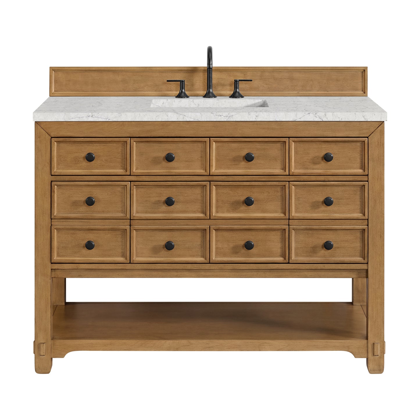 Renovate for Less Atlanta Malibu 48" Single Vanity, Amber Birch w/ 3 CM Eternal Jasmine Pearl Silestone Top w/ FreePower Wireless Charger