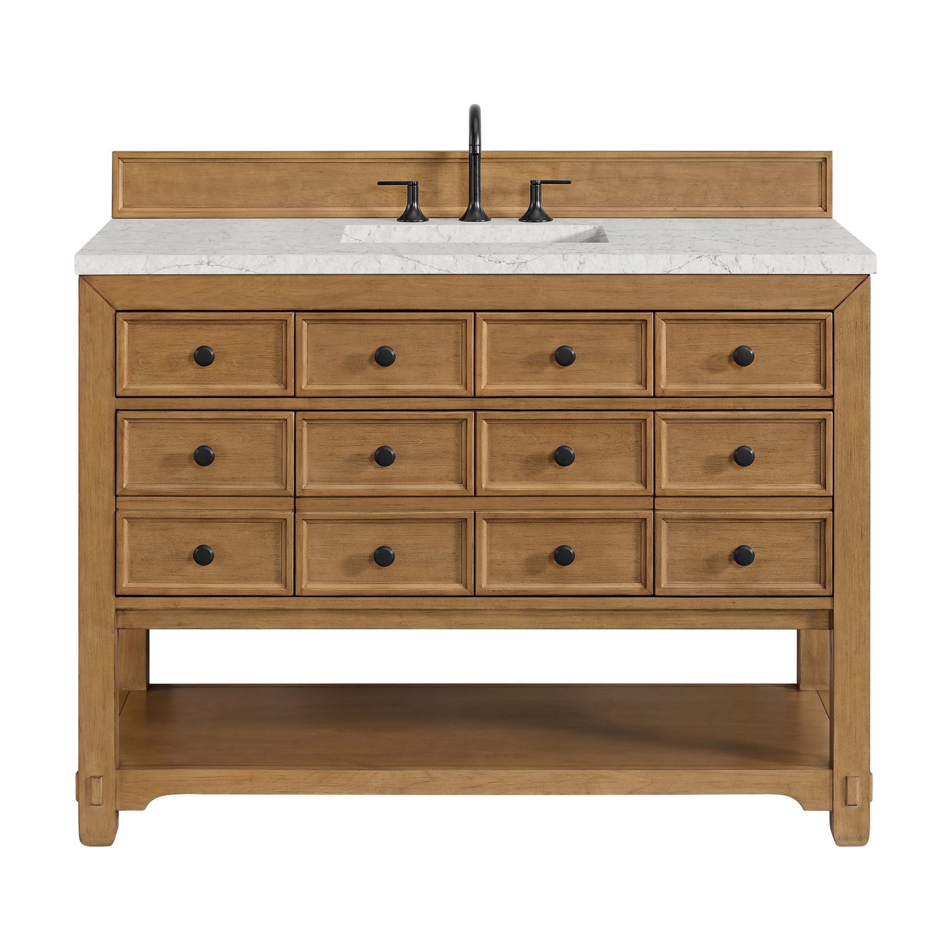 Renovate for Less Atlanta Malibu 48" Single Vanity, Amber Birch w/ 3 CM Eternal Jasmine Pearl Silestone Top w/ FreePower Wireless Charger