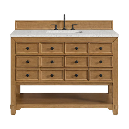 Renovate for Less Atlanta Malibu 48" Single Vanity, Amber Birch w/ 3 CM Eternal Jasmine Pearl Silestone Top w/ FreePower Wireless Charger