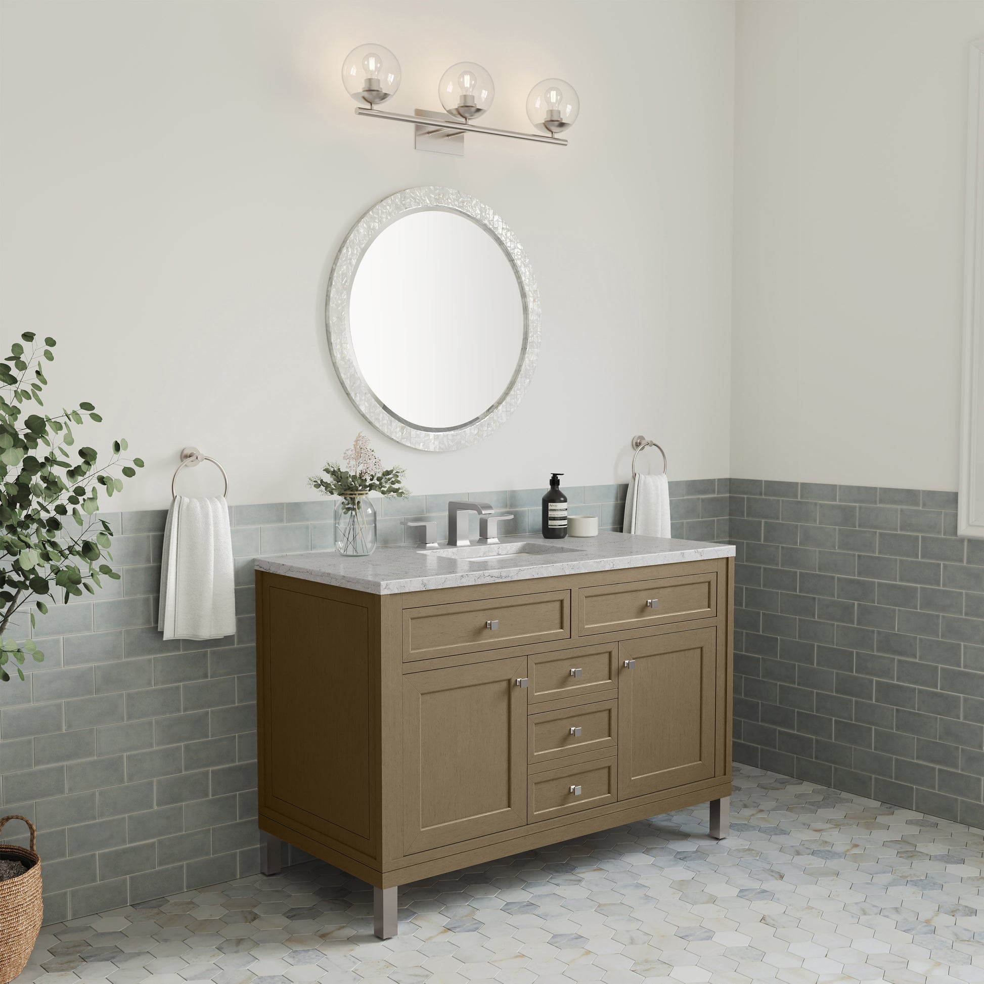 Renovate for Less Atlanta Chicago 48" Single Vanity, Walnut Whisper, w/ 3 CM Eternal Jasmine Pearl Silestone® Top