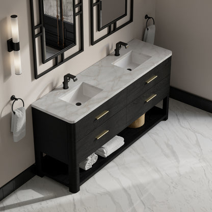 Renovate for Less Atlanta Lucian 72" Double Vanity, Carbon Oak w/ 3 CM Victorian Silver Silestone Top
