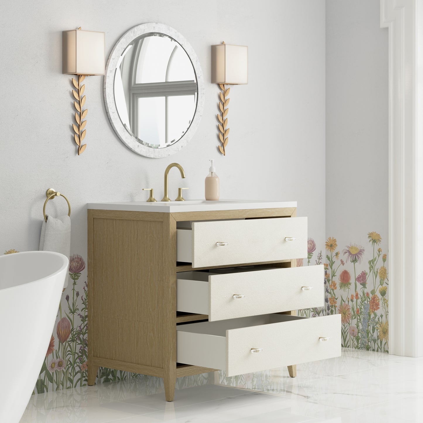 Renovate for Less Atlanta Celeste 36" Single Vanity, Sunwashed Oak with Embossed Shagreen w/ 3 CM White Zeus Silestone Top
