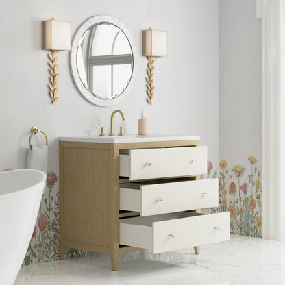 Renovate for Less Atlanta Celeste 36" Single Vanity, Sunwashed Oak with Embossed Shagreen w/ 3 CM White Zeus Silestone Top