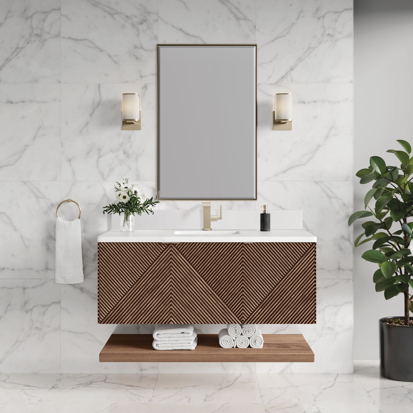 Renovate for Less Atlanta Marcello 48" Single Vanity, Chestnut w/ Single Hole 3 CM White Zeus Silestone Top & Backsplash