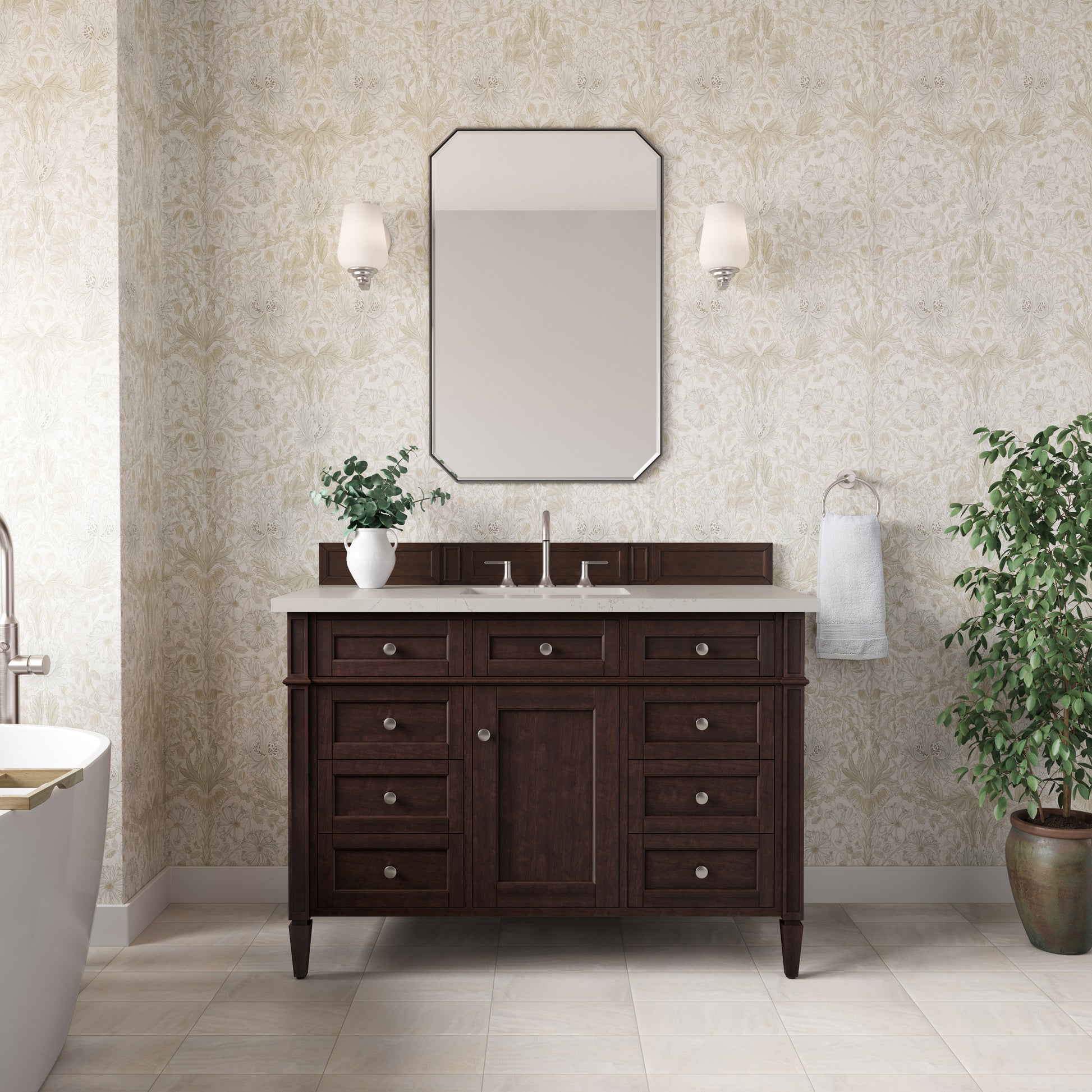 Renovate for Less Atlanta Brittany 48" Single Vanity, Burnished Mahogany, w/ 3 CM Siberian Silestone Top