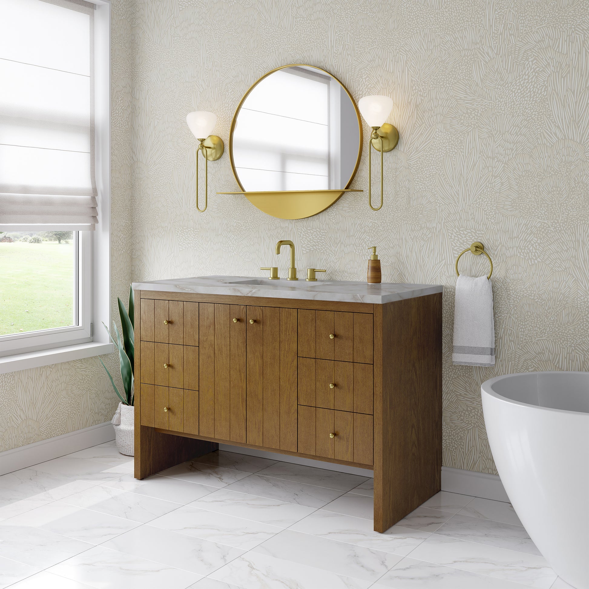 Renovate for Less Atlanta Hudson 48" Single Vanity, Honey Oak w/ 3 CM Victorian Silver Silestone Top w/FreePower Wireless Charger