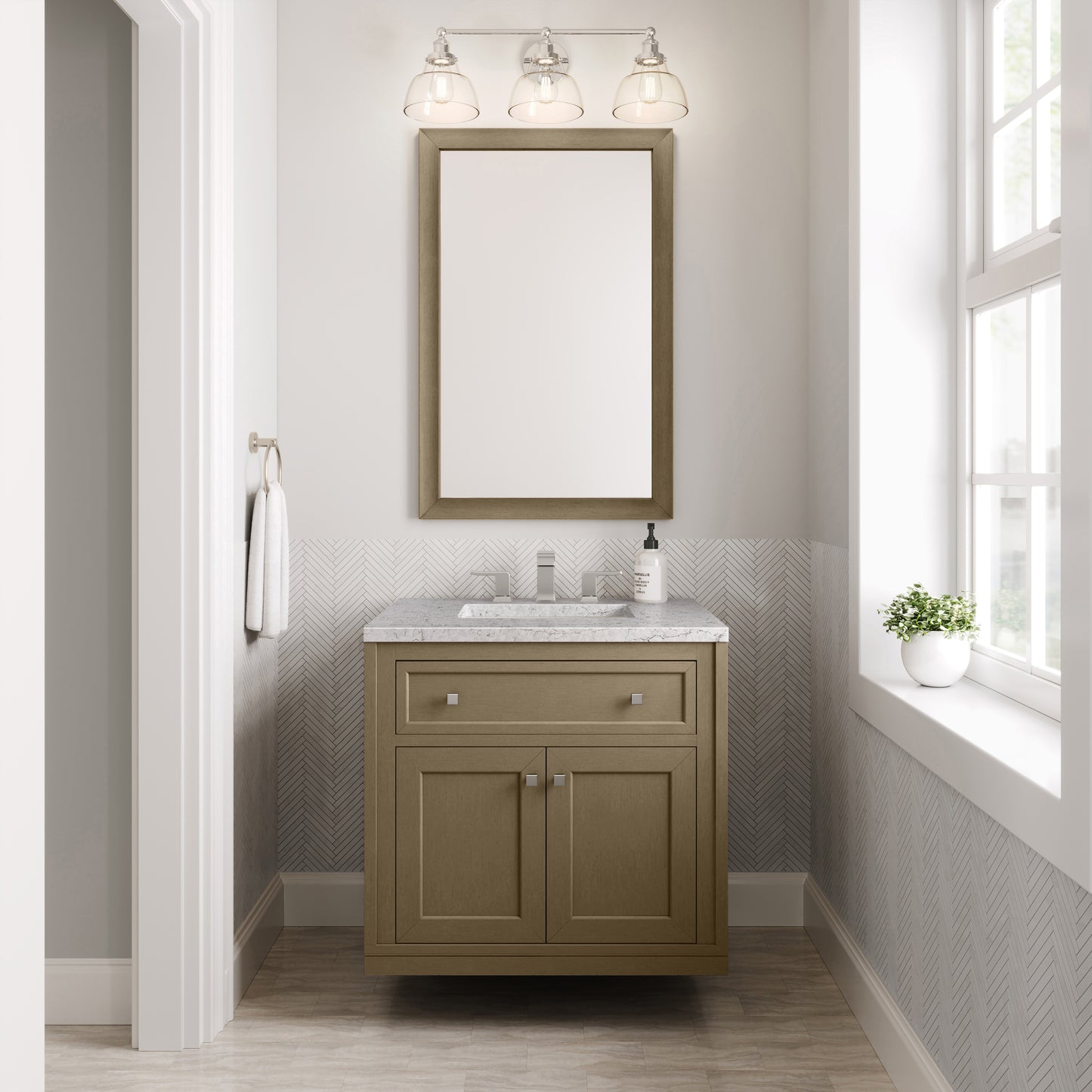 Renovate for Less Atlanta Chicago 30" Single Vanity, Walnut Whisper, w/ 3 CM Eternal Jasmine Pearl Silestone® Top
