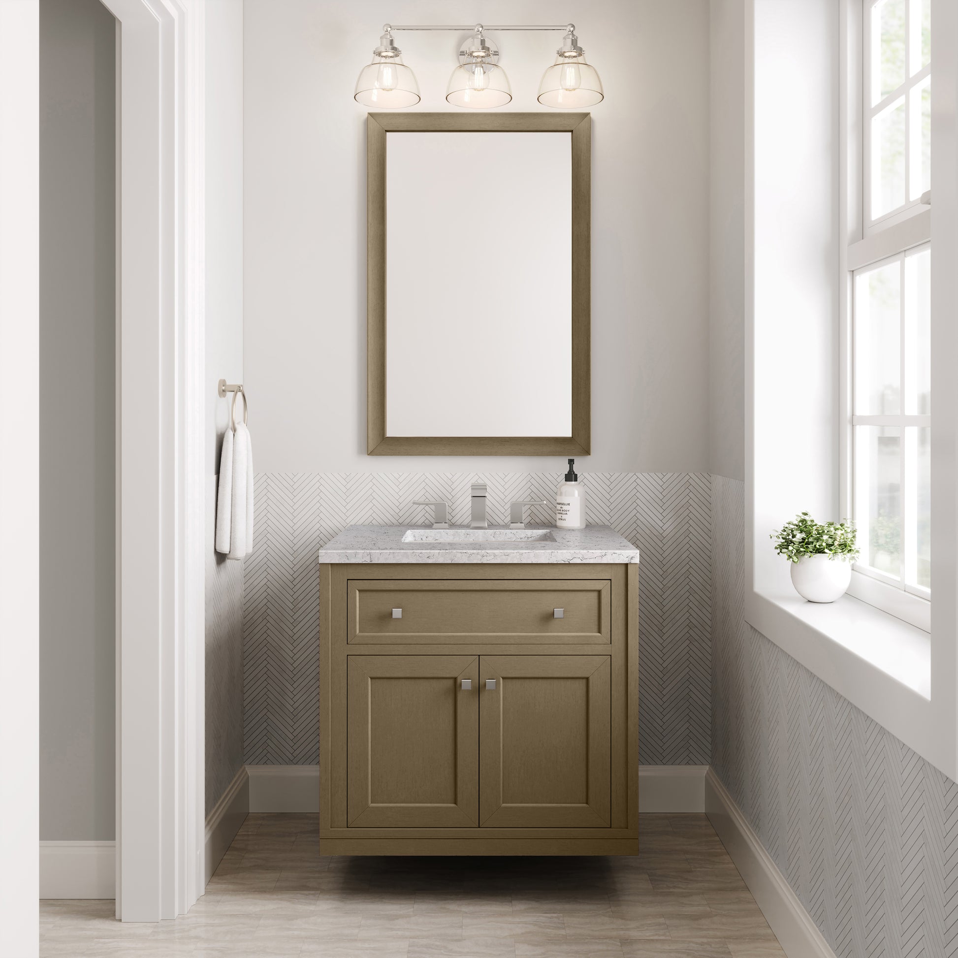 Renovate for Less Atlanta Chicago 30" Single Vanity, Walnut Whisper, w/ 3 CM Eternal Jasmine Pearl Silestone® Top