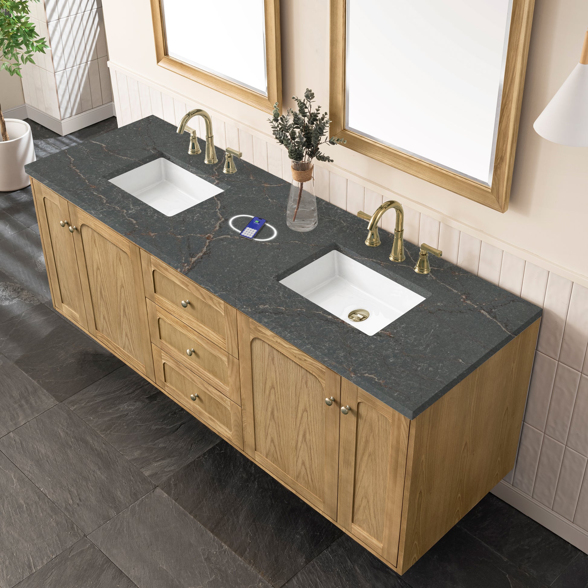 Renovate for Less Atlanta Laurent 72" Double Vanity, Light Natural Oak w/ 3 CM Parisien Bleu Top w/FreePower Wireless Charger