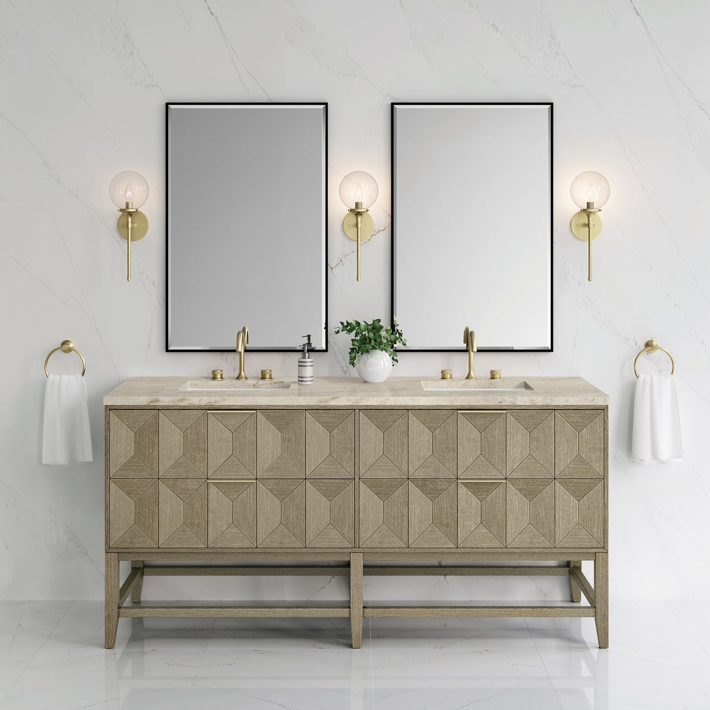 Renovate for Less Atlanta Emmeline 72" Double Vanity, Pebble Oak, w/ 3 CM Tajnar Eclos Top
