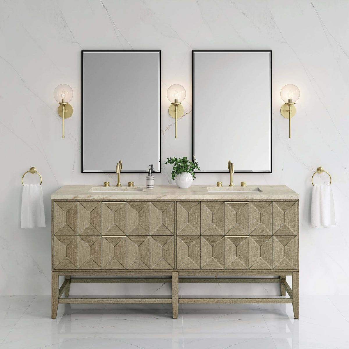 Emmeline 72" Double Vanity, Pebble Oak, w/ 3 CM Tajnar Eclos Top