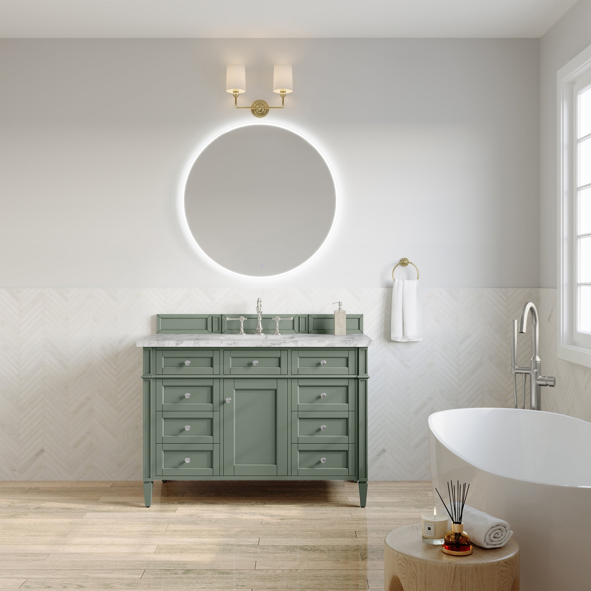 Renovate for Less Atlanta Brittany 48" Single Vanity, Smokey Celadon w/ 3 CM Carrara Marble Top