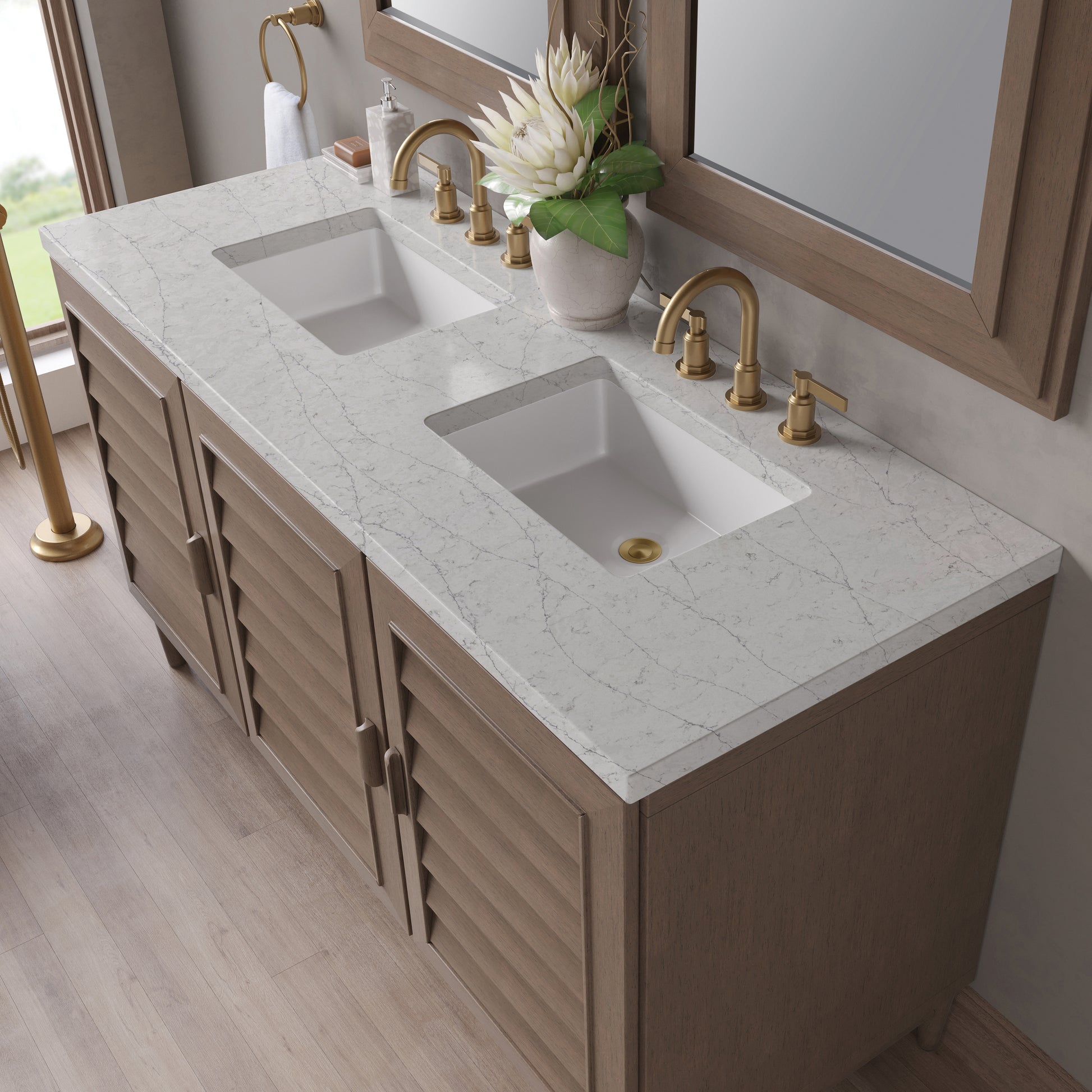 Renovate for Less Atlanta Portland 60" Double Vanity Whitewashed Walnut w/ 3 CM Eternal Jasmine Pearl Silestone Top