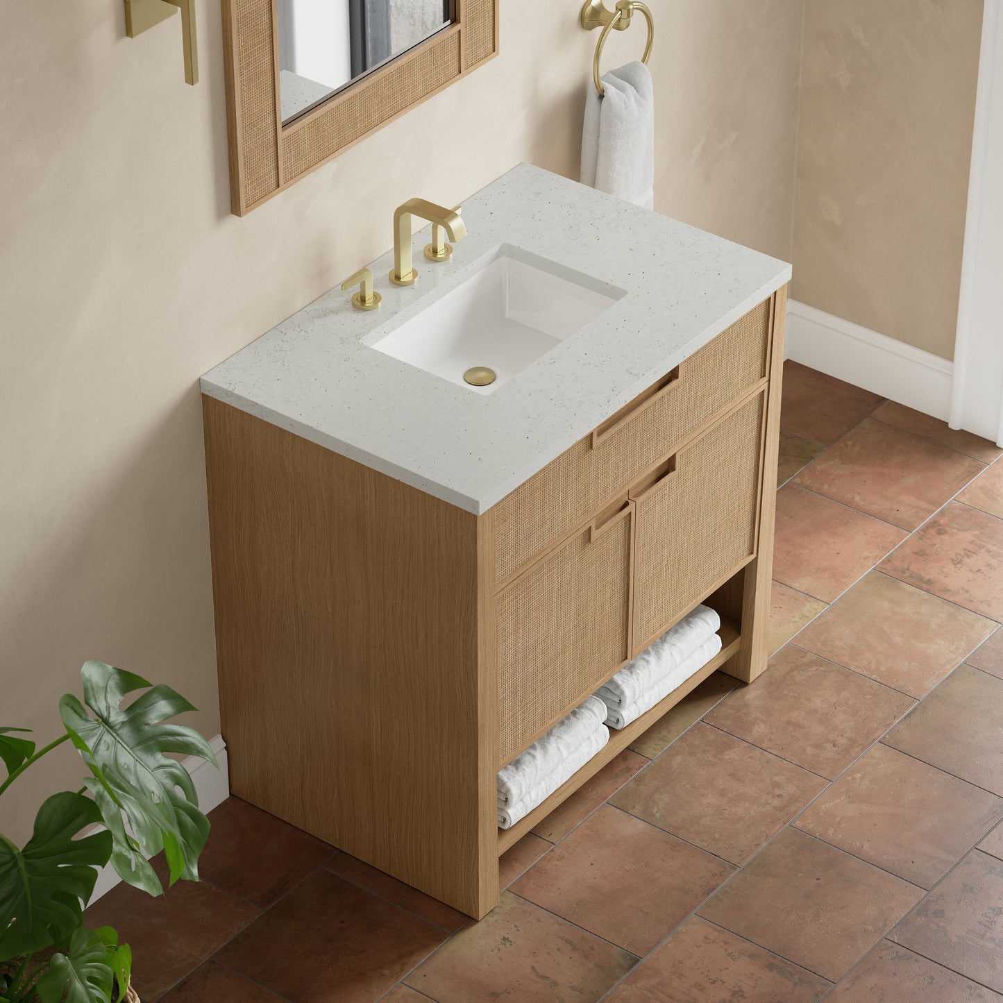 Renovate for Less Atlanta Solene 36" Single Vanity, Seaside Oak, w/ 3 CM Lime Delight Quartz Top
