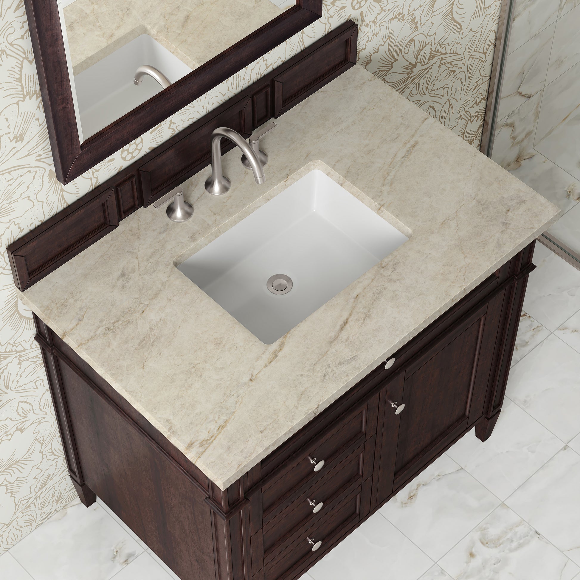 Renovate for Less Atlanta Brittany 36" Single Vanity, Burnished Mahogany, w/ 3 CM Tajnar Eclos Top