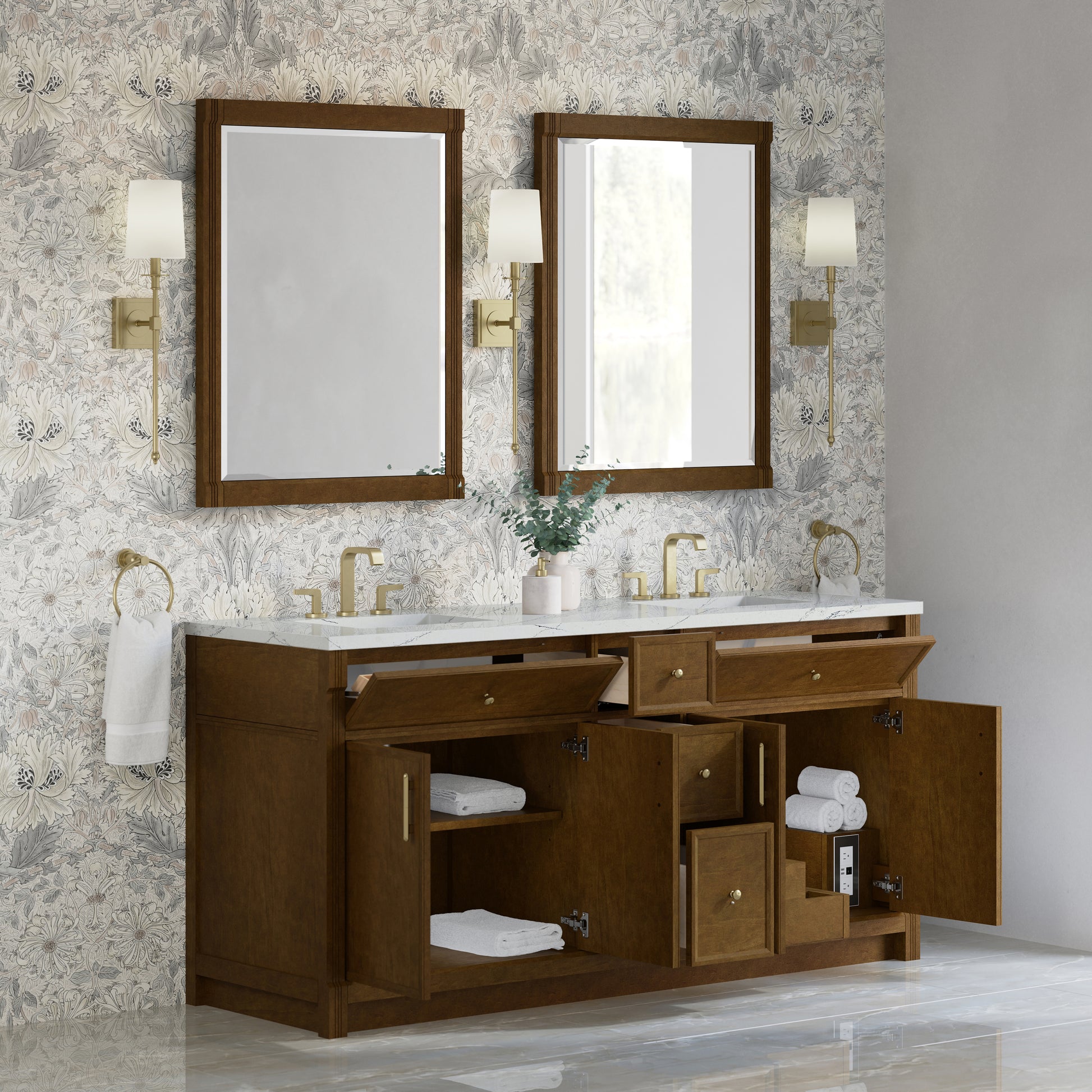 Renovate for Less Atlanta Bellshire 72" Double Vanity, Honey Oak w/ 3 CM Ethereal Noctis Silestone Top w/FreePower Wireless Charger