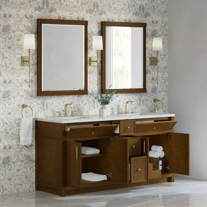 Bellshire 72" Double Vanity, Honey Oak w/ 3 CM Ethereal Noctis Silestone Top w/FreePower Wireless Charger