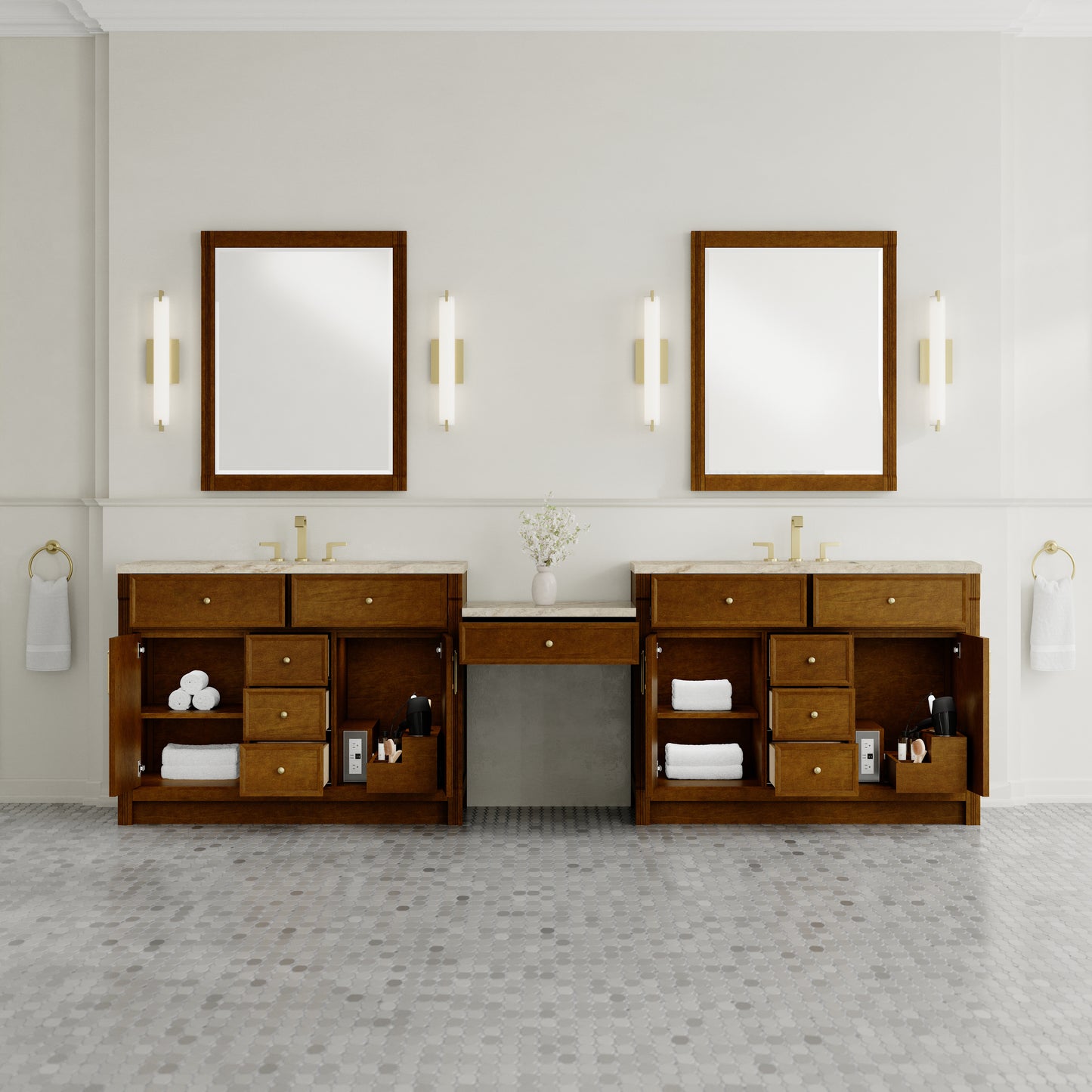 Renovate for Less Atlanta Bellshire 120" Dual Vanity Set with 24" Make-Up Counter, Honey Oak w/3 cm Tajnar Eclos Top