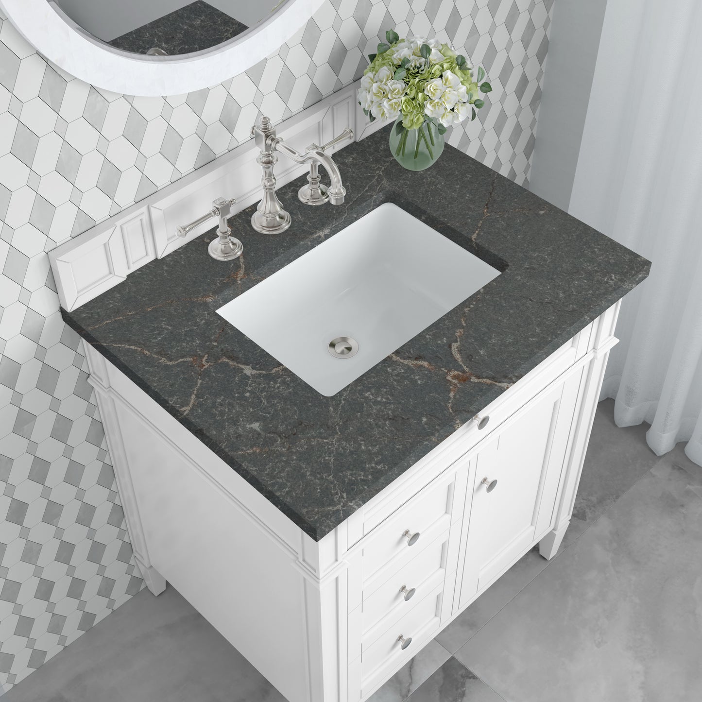 Renovate for Less Atlanta Brittany 30" Single Vanity, Bright White, w/ 3 CM Parisien Bleu Silestone Top
