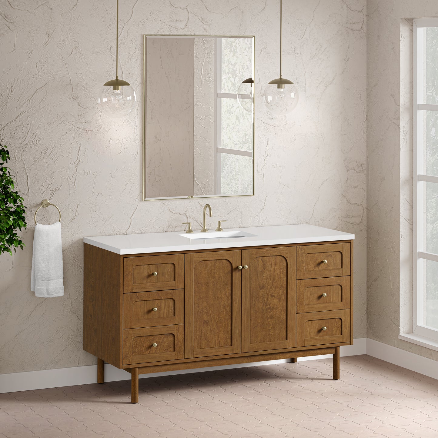 Renovate for Less Atlanta Laurent 60" Single Vanity, Honey Oak w/ 3 CM White Zeus Silestone Top