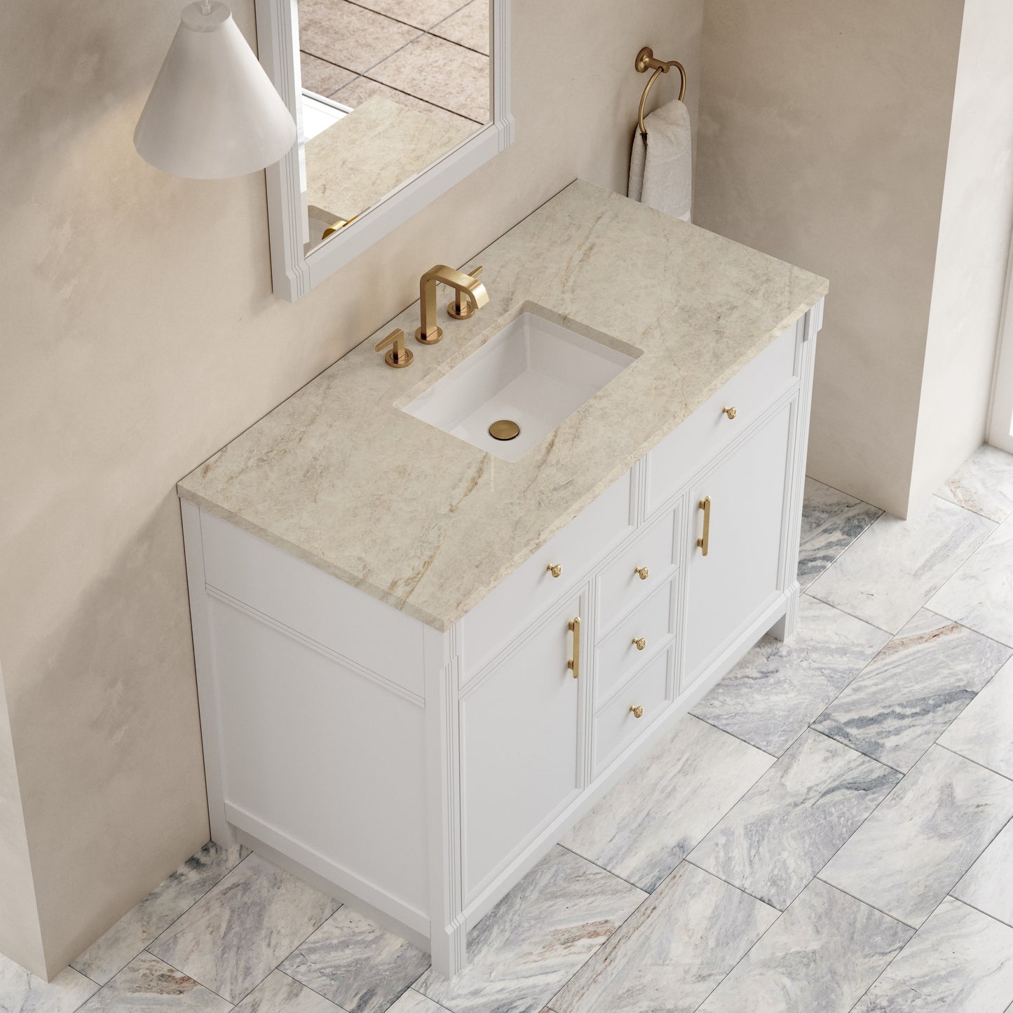 Renovate for Less Atlanta Bellshire 48" Single Vanity, Bright White w/ 3 CM Tajnar Eclos Top