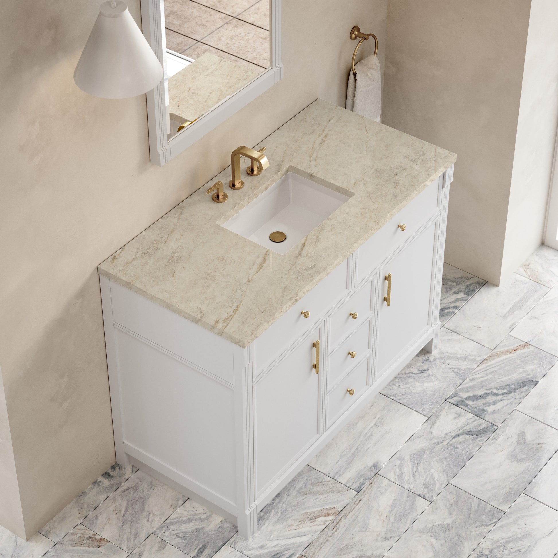 Renovate for Less Atlanta Bellshire 48" Single Vanity, Bright White w/ 3 CM Tajnar Eclos Top