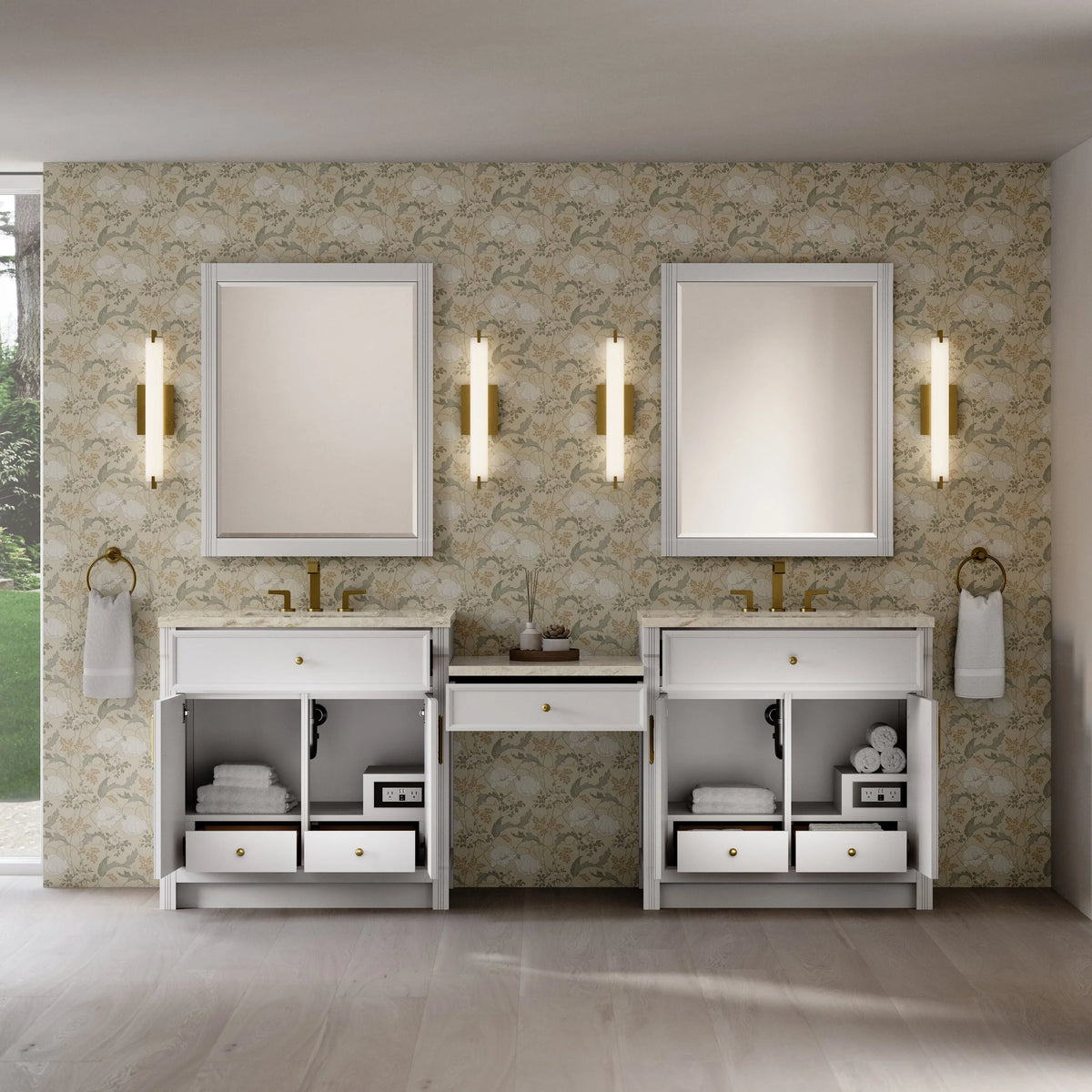 Bellshire 96" Dual Vanity Set with 24" Make-Up Counter, Bright White w/3 cm Tajnar Eclos Top