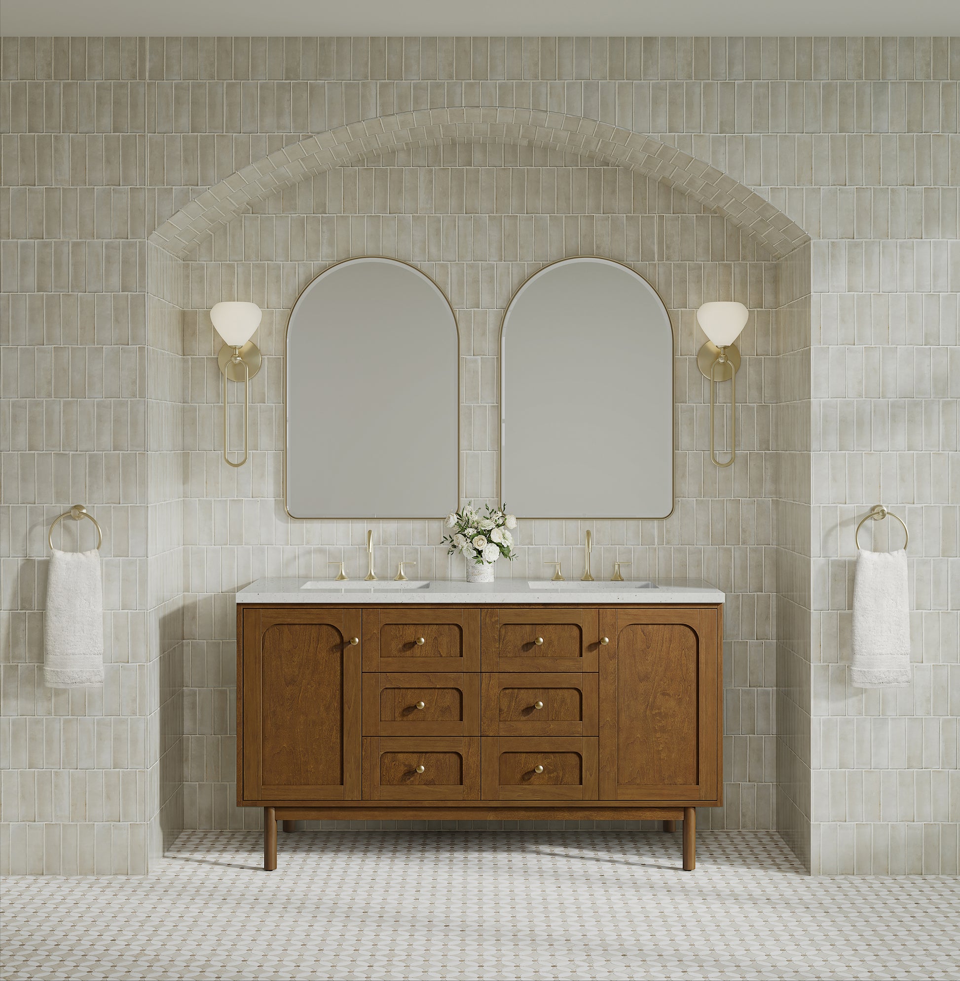 Renovate for Less Atlanta Laurent 60" Double Vanity, Honey Oak w/ 3 CM Lime Delight Silestone Top