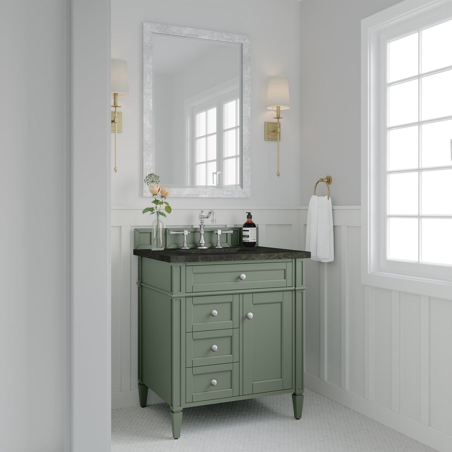 Renovate for Less Atlanta Brittany 30" Single Vanity, Smokey Celadon, w/ 3 CM Phantome Eclos Top