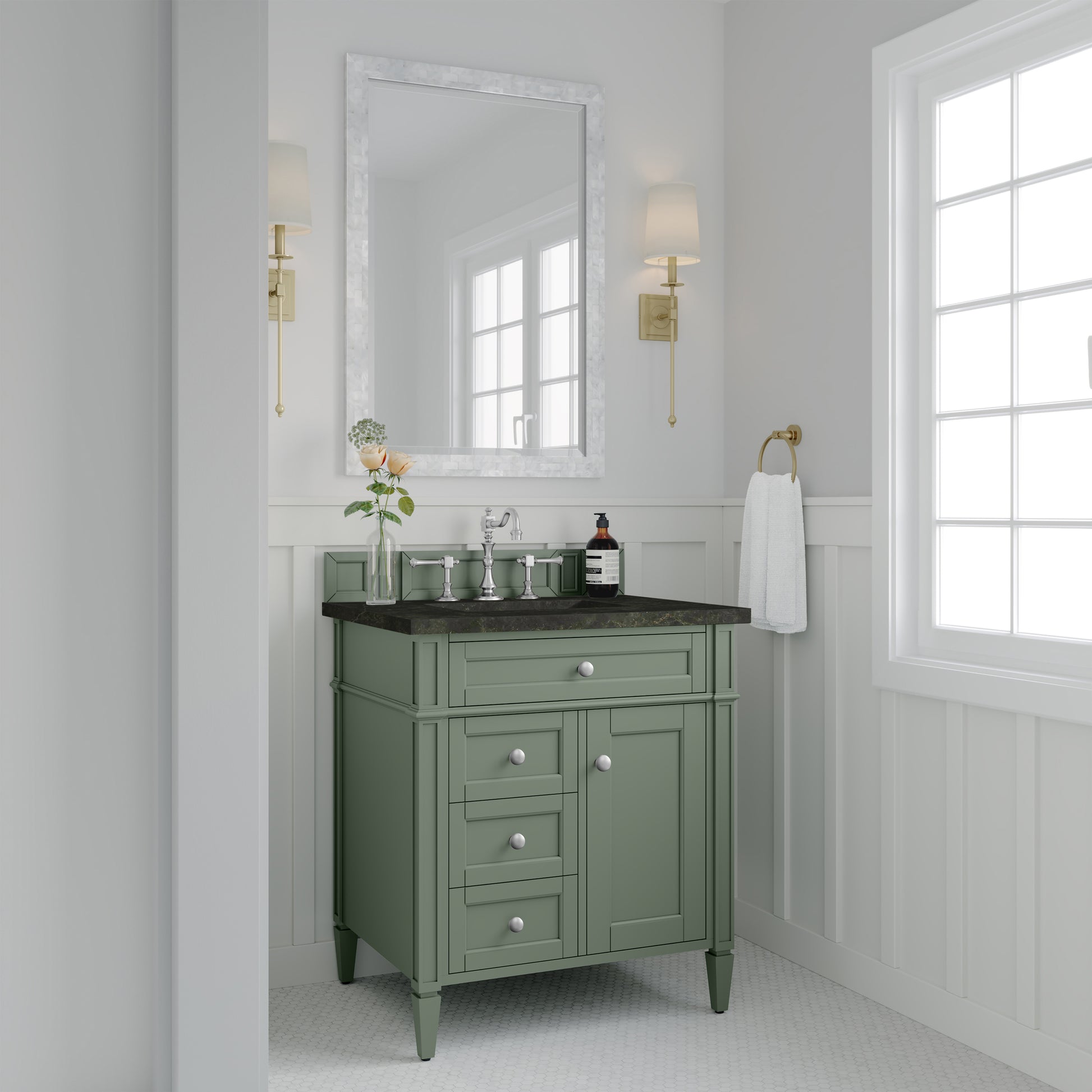 Renovate for Less Atlanta Brittany 30" Single Vanity, Smokey Celadon, w/ 3 CM Phantome Eclos Top