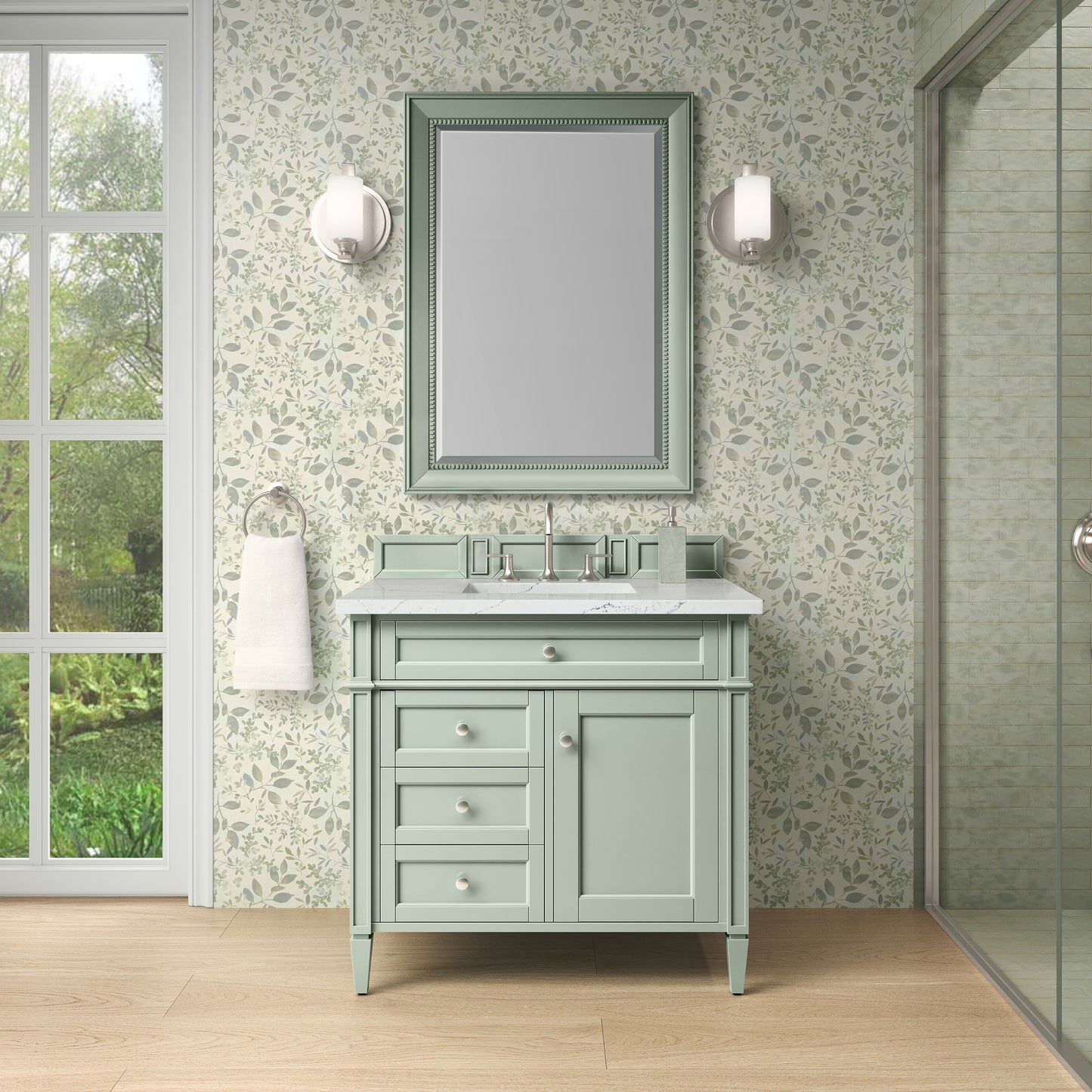 Renovate for Less Atlanta Brittany 36" Single Vanity, Sage Green w/ 3 CM Ethereal Noctis Silestone Top