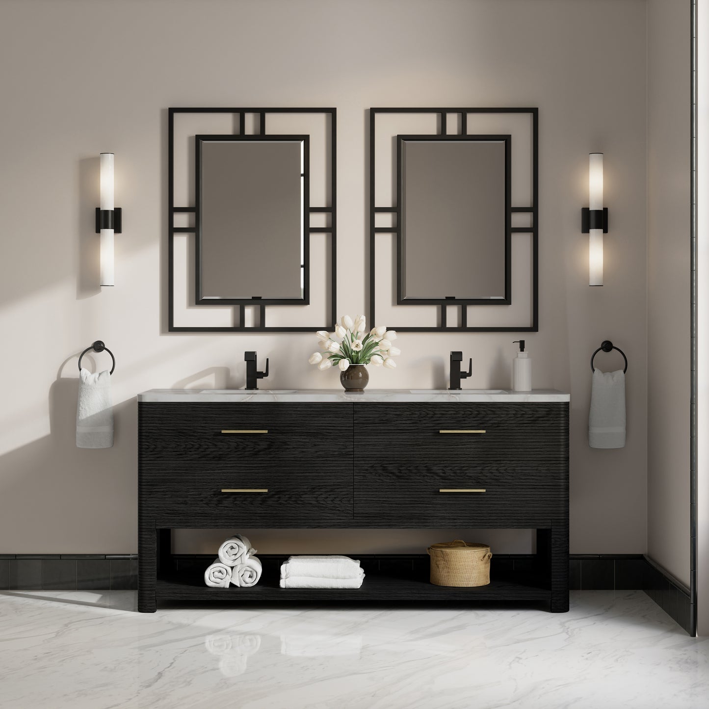 Renovate for Less Atlanta Lucian 72" Double Vanity, Carbon Oak w/ 3 CM Victorian Silver Silestone Top