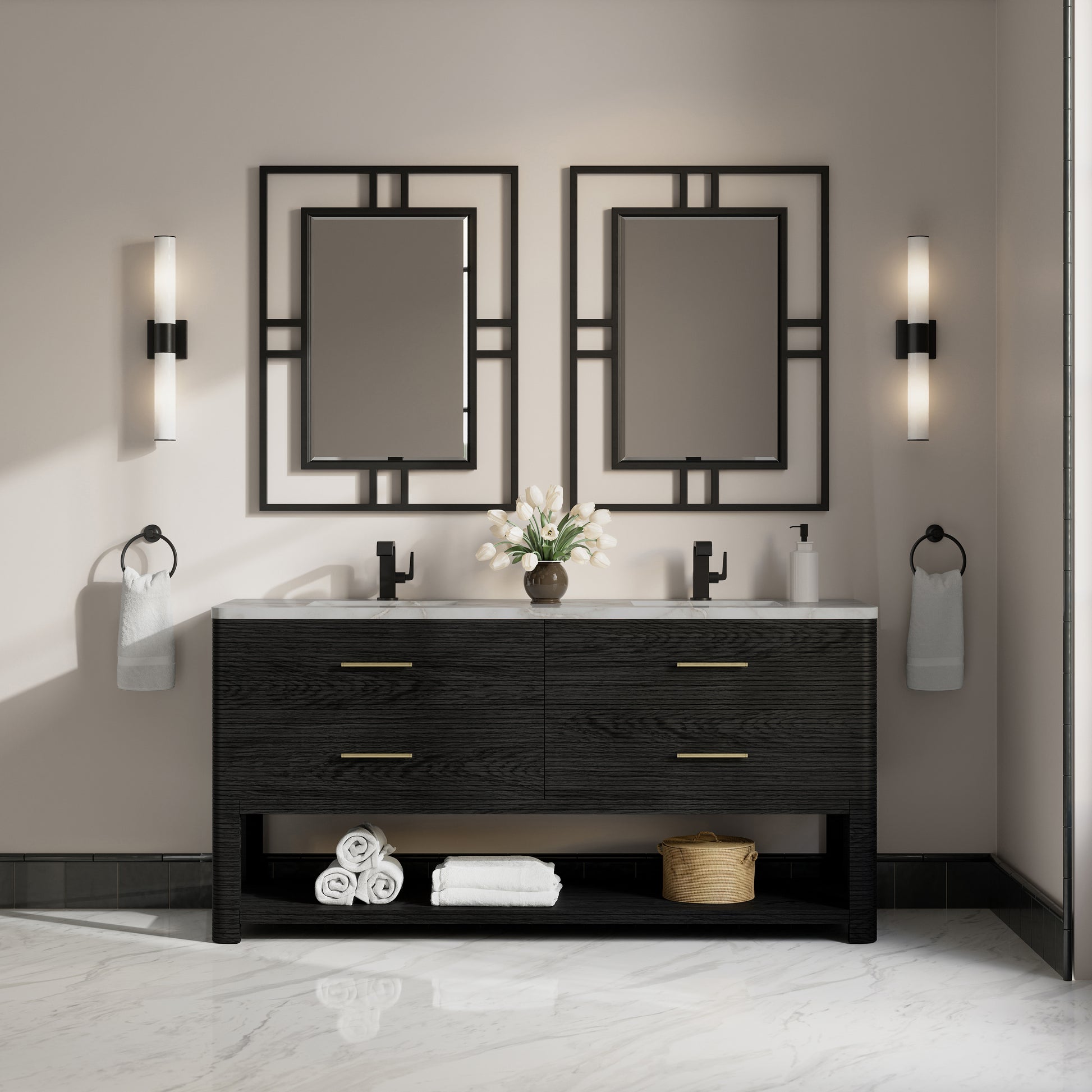 Renovate for Less Atlanta Lucian 72" Double Vanity, Carbon Oak w/ 3 CM Victorian Silver Silestone Top