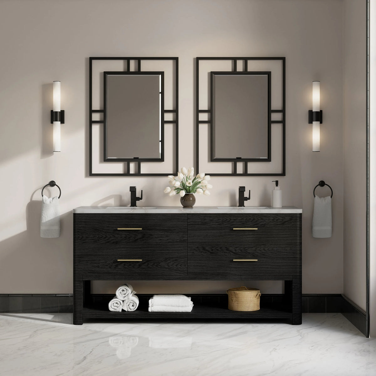 Lucian 72" Double Vanity, Carbon Oak w/ 3 CM Victorian Silver Silestone Top