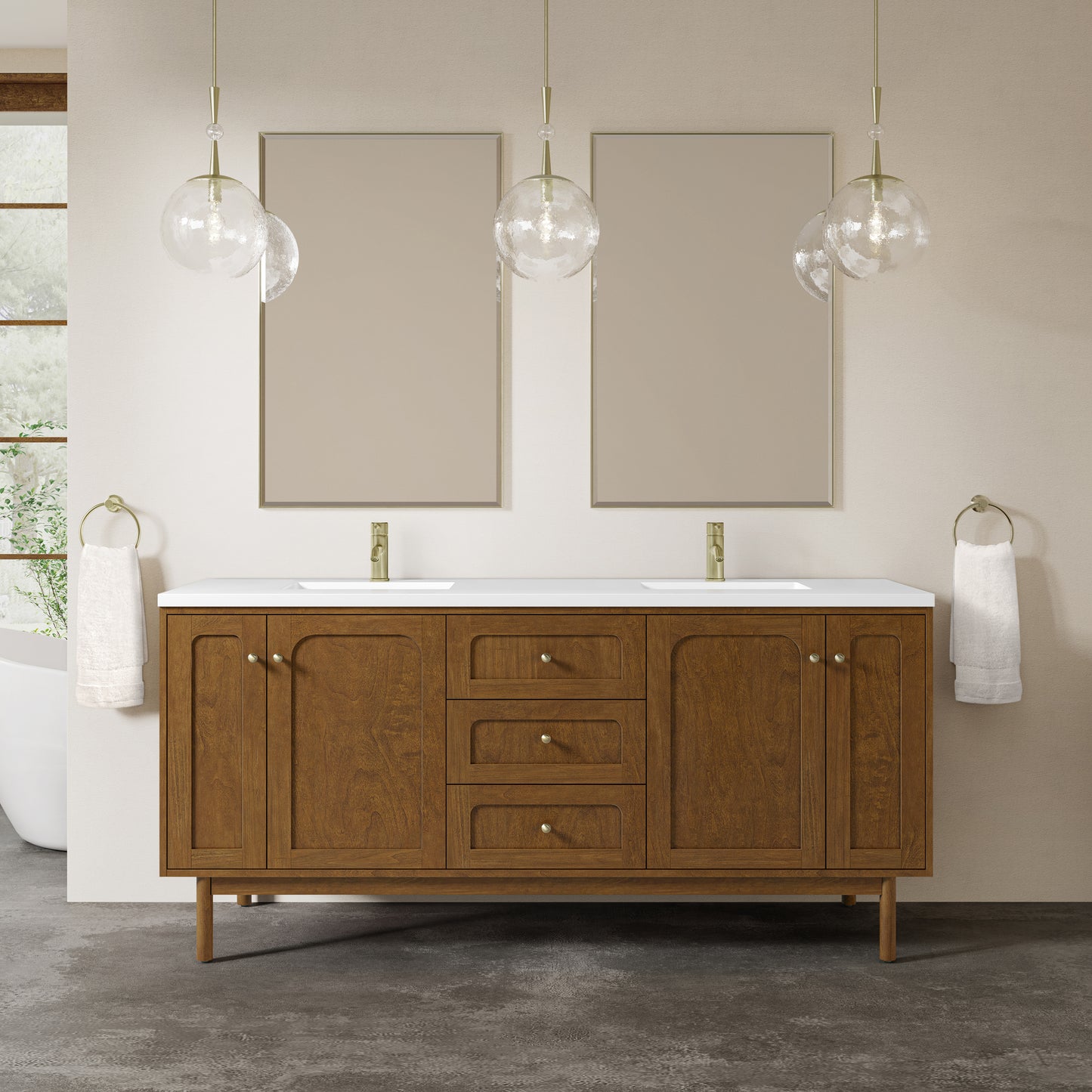 Renovate for Less Atlanta Laurent 72" Double Vanity, Honey Oak w/ Single Hole 3 CM White Zeus Silestone Top and Matching Backsplash