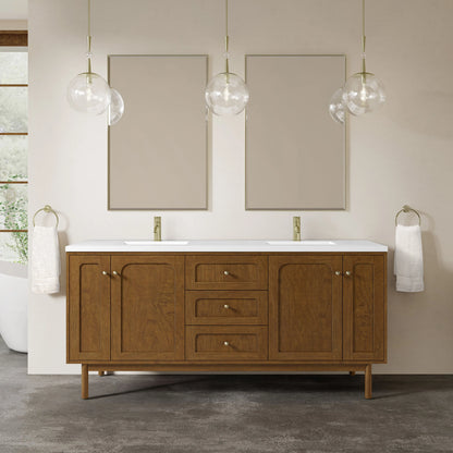 Laurent 72" Double Vanity, Honey Oak w/ Single Hole 3 CM White Zeus Silestone Top and Matching Backsplash