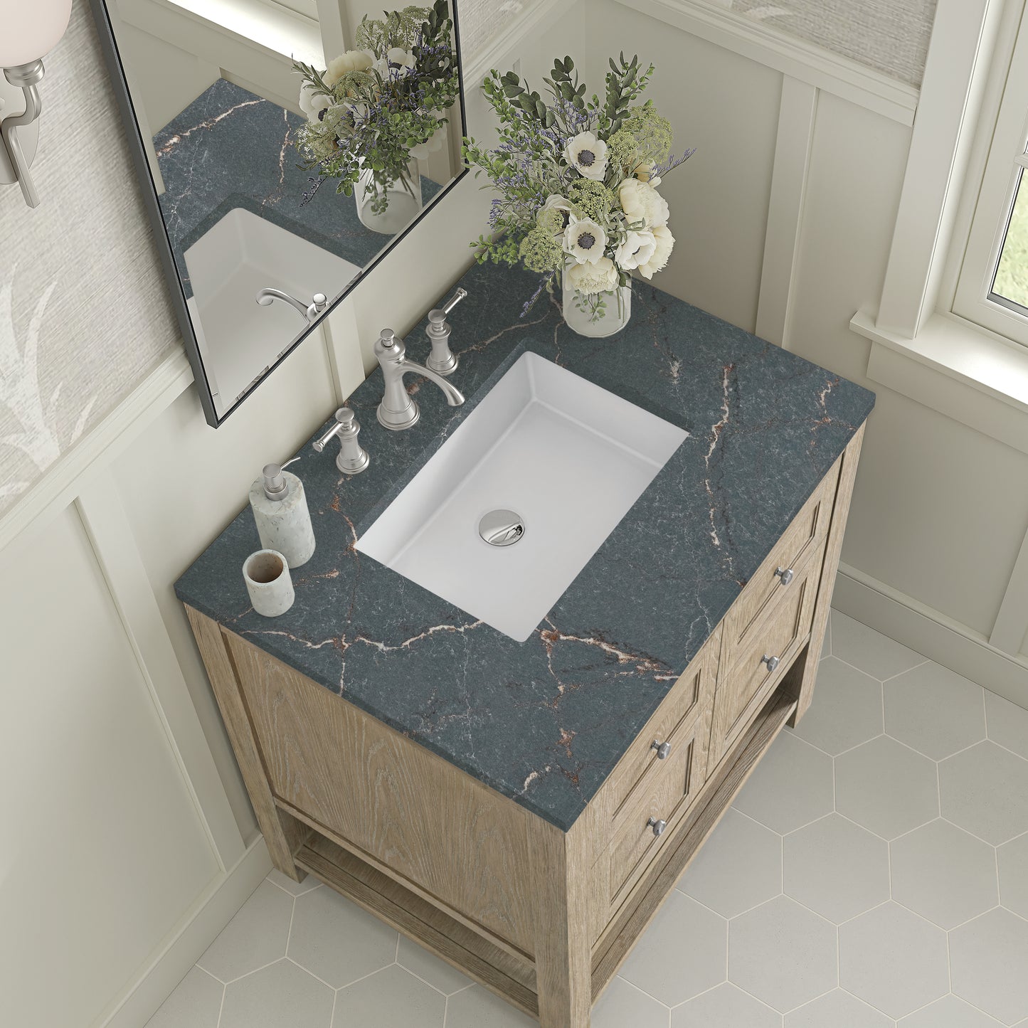Renovate for Less Atlanta Breckenridge 30" Single Vanity, Whitewashed Oak w/ 3 CM Parisien Bleu Silestone Top