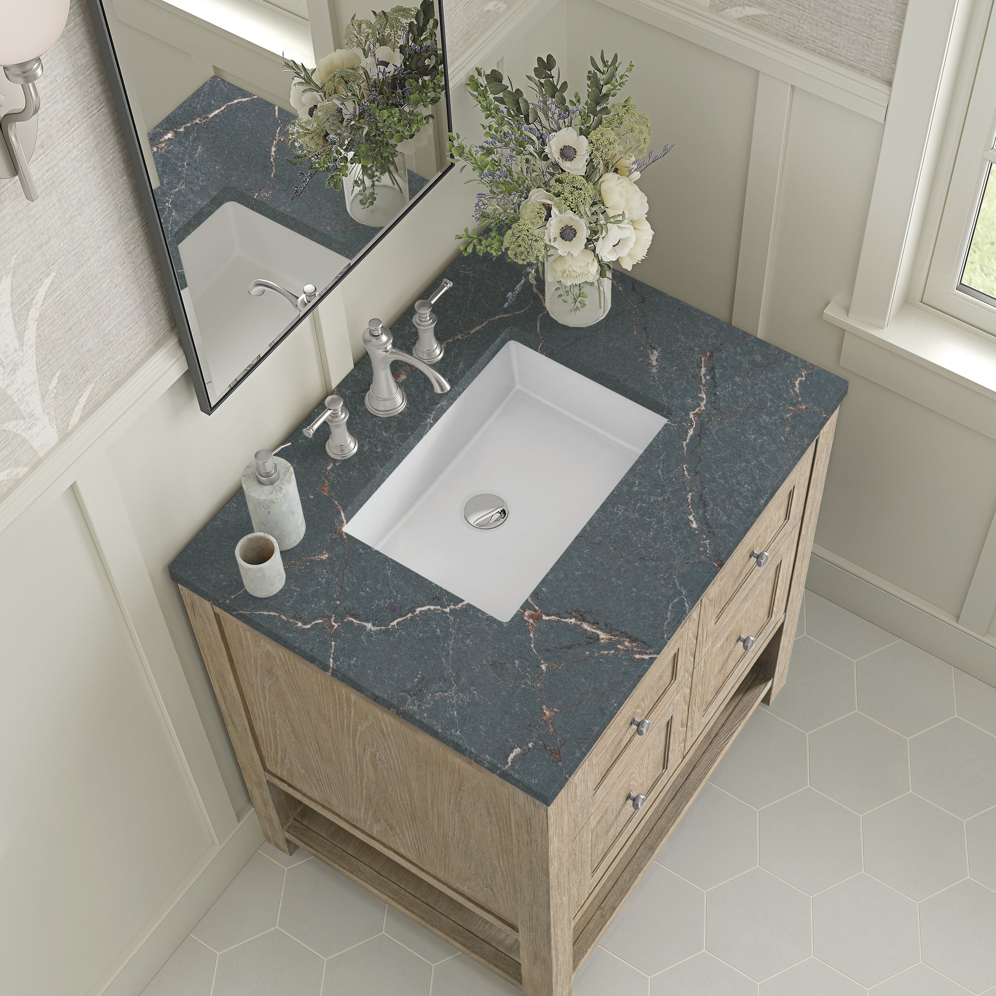 Renovate for Less Atlanta Breckenridge 30" Single Vanity, Whitewashed Oak w/ 3 CM Parisien Bleu Silestone Top