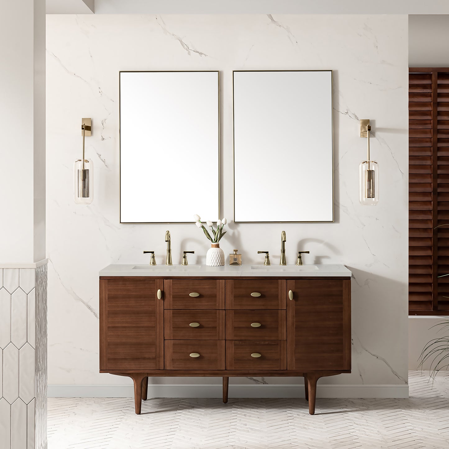 Renovate for Less Atlanta Amberly 60" Double Vanity, Mid-Century Walnut, w/ 3 CM Siberian Silestone Top w/FreePower Wireless Charger