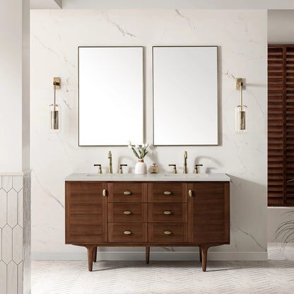 Amberly 60" Double Vanity, Mid-Century Walnut, w/ 3 CM Siberian Silestone Top w/FreePower Wireless Charger