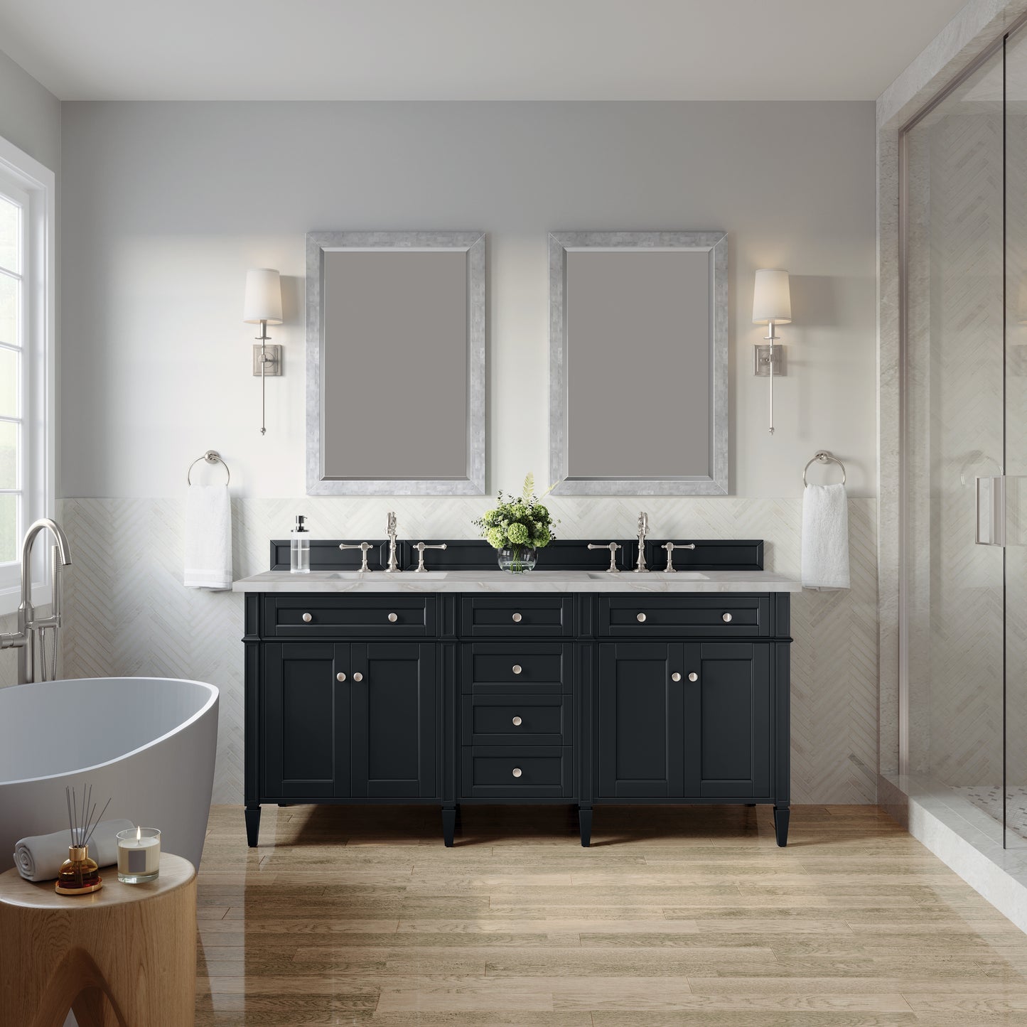 Renovate for Less Atlanta Brittany 72" Double Vanity, Black Onyx w/ 3 CM Victorian Silver Silestone Top w/FreePower Wireless Charger