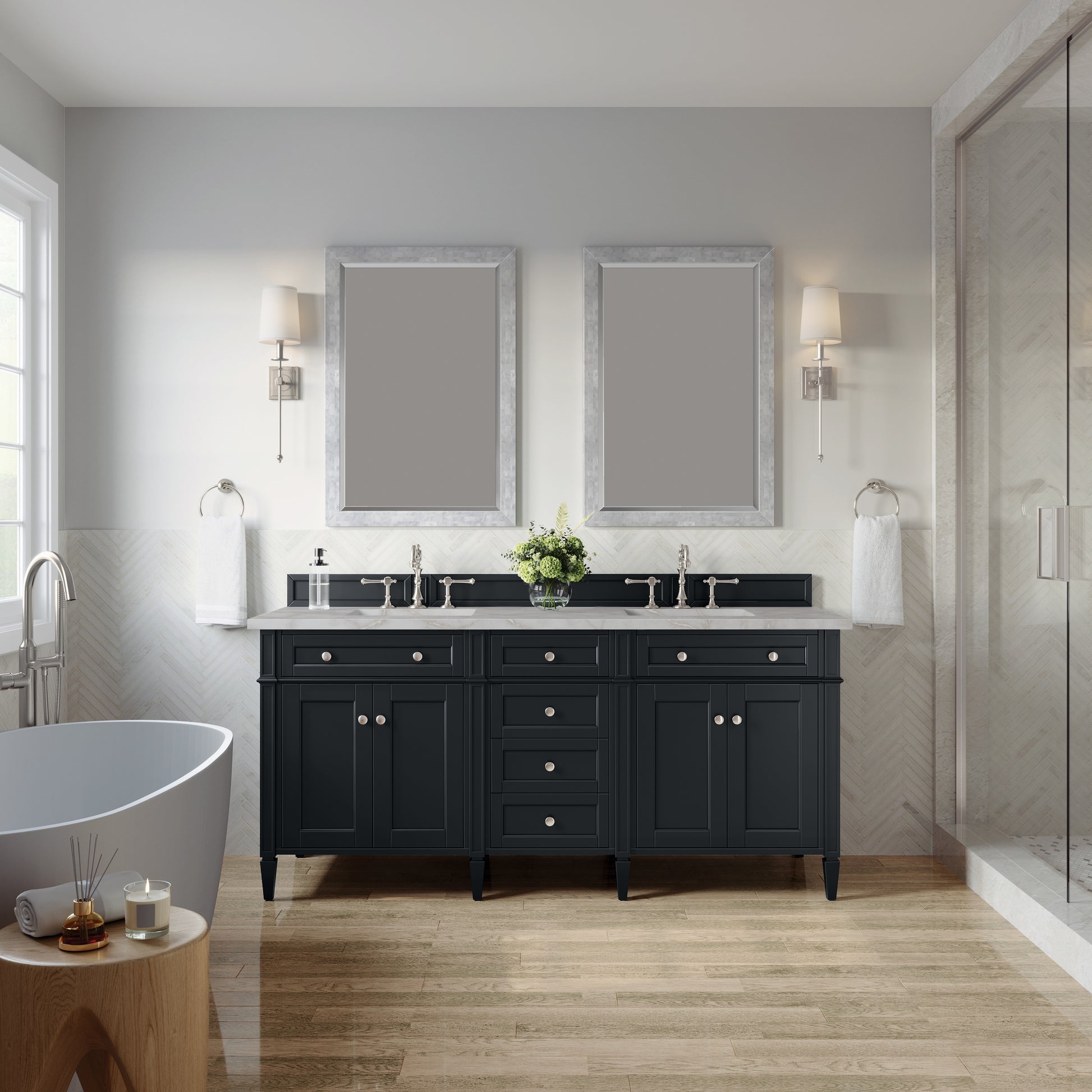 Renovate for Less Atlanta Brittany 72" Double Vanity, Black Onyx w/ 3 CM Victorian Silver Silestone Top w/FreePower Wireless Charger