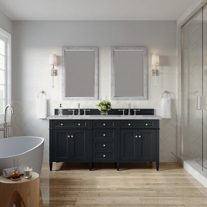 Renovate for Less Atlanta Brittany 72" Double Vanity, Black Onyx w/ 3 CM Victorian Silver Silestone Top w/FreePower Wireless Charger