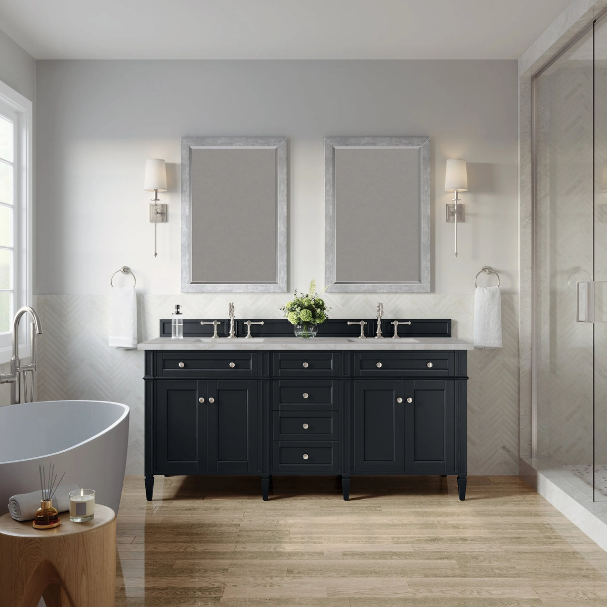 Brittany 72" Double Vanity, Black Onyx w/ 3 CM Victorian Silver Silestone Top w/FreePower Wireless Charger
