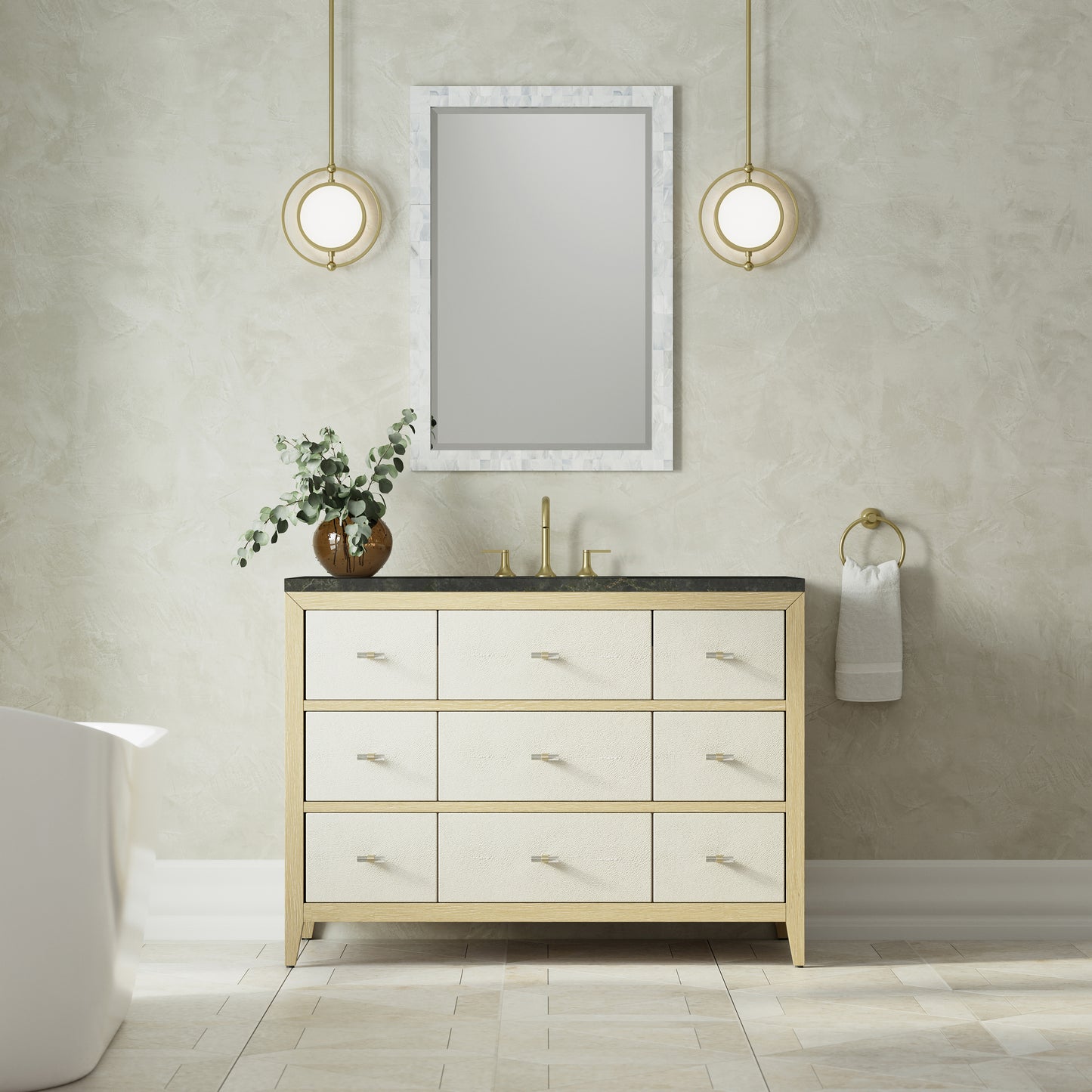 Renovate for Less Atlanta Celeste 48" Single Vanity, Sunwashed Oak with Embossed Shagreen, w/ 3 CM Phantome Eclos Top